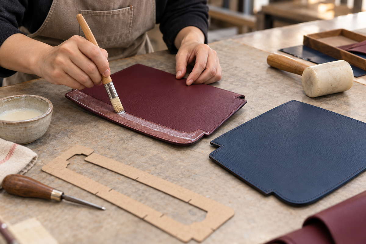 Illustration of controlled adhesive application on PU handbag panels before bonding.