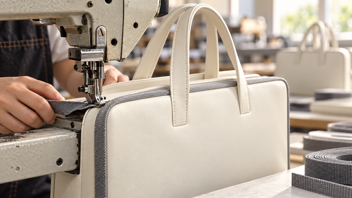 Structured PU business bag undergoing edge-binding sewing on an industrial machine.