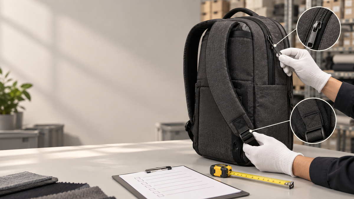 Corporate bag quality inspection points shown on a product sample