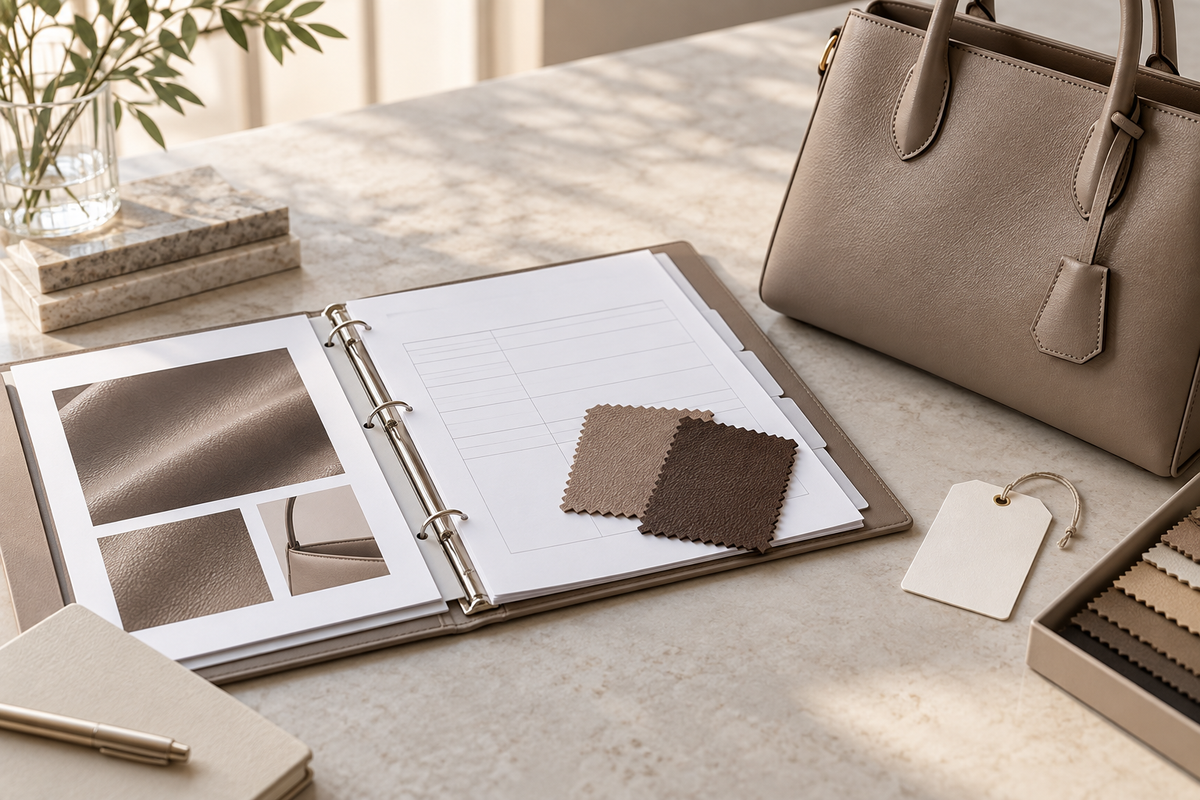 Handbag material approval documents reviewed beside PU swatches