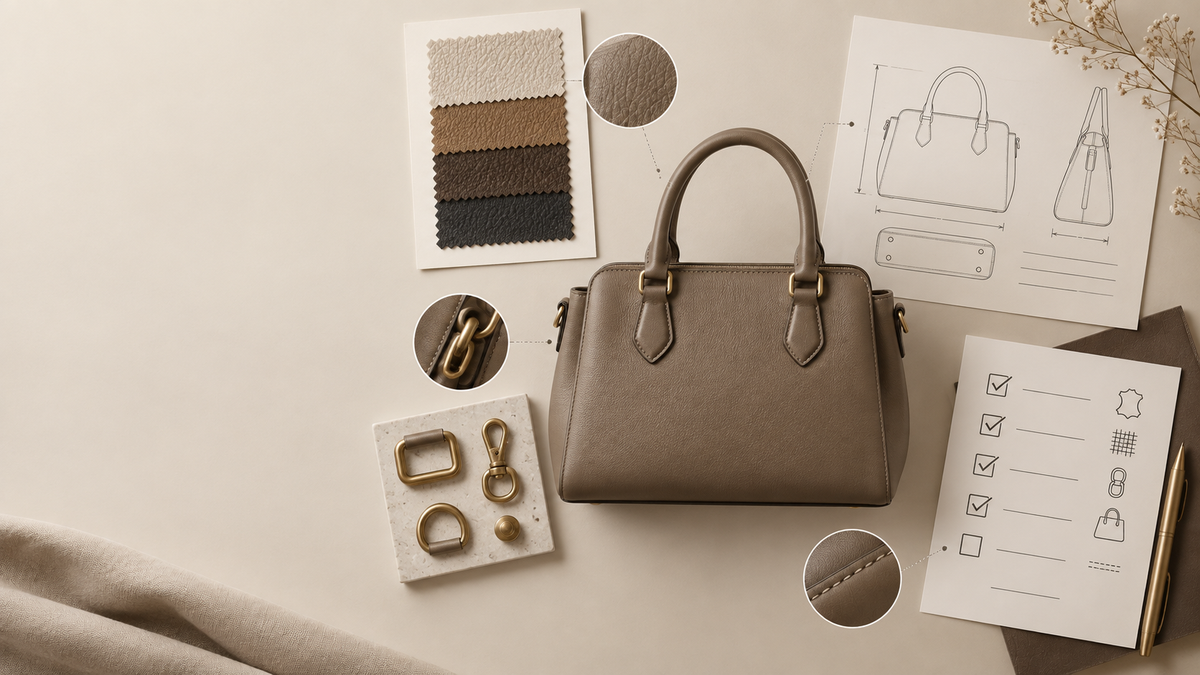 Buyer reviewing a PU handbag pre-production sample