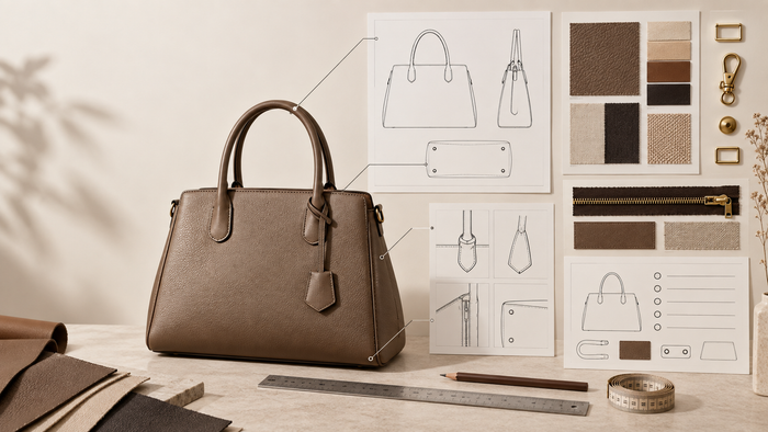 Handbag tech pack with product drawing materials and hardware references