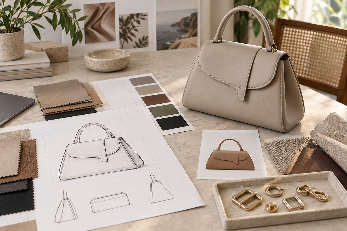 Brand founder preparing handbag concept reference board for manufacturer