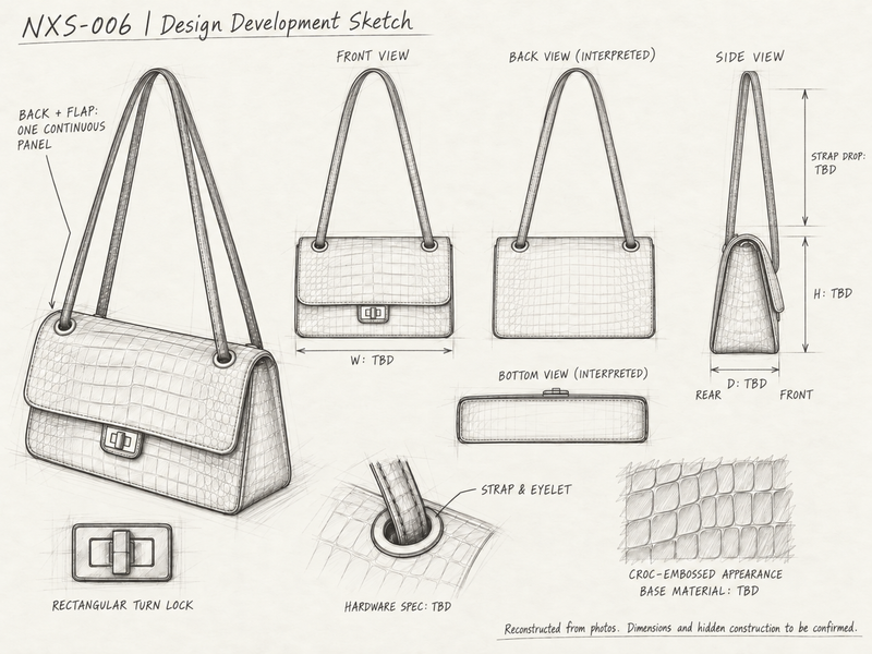 NXS-006 English pencil design development sheet with front, back, side, bottom, strap, hardware and material studies; dimensions to be confirmed